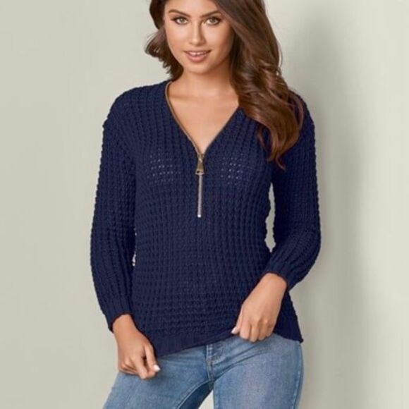 Venus Women's Loose Crochet Row Columns Knit Quarter Zip Navy Sweater S - Picture 1 of 8